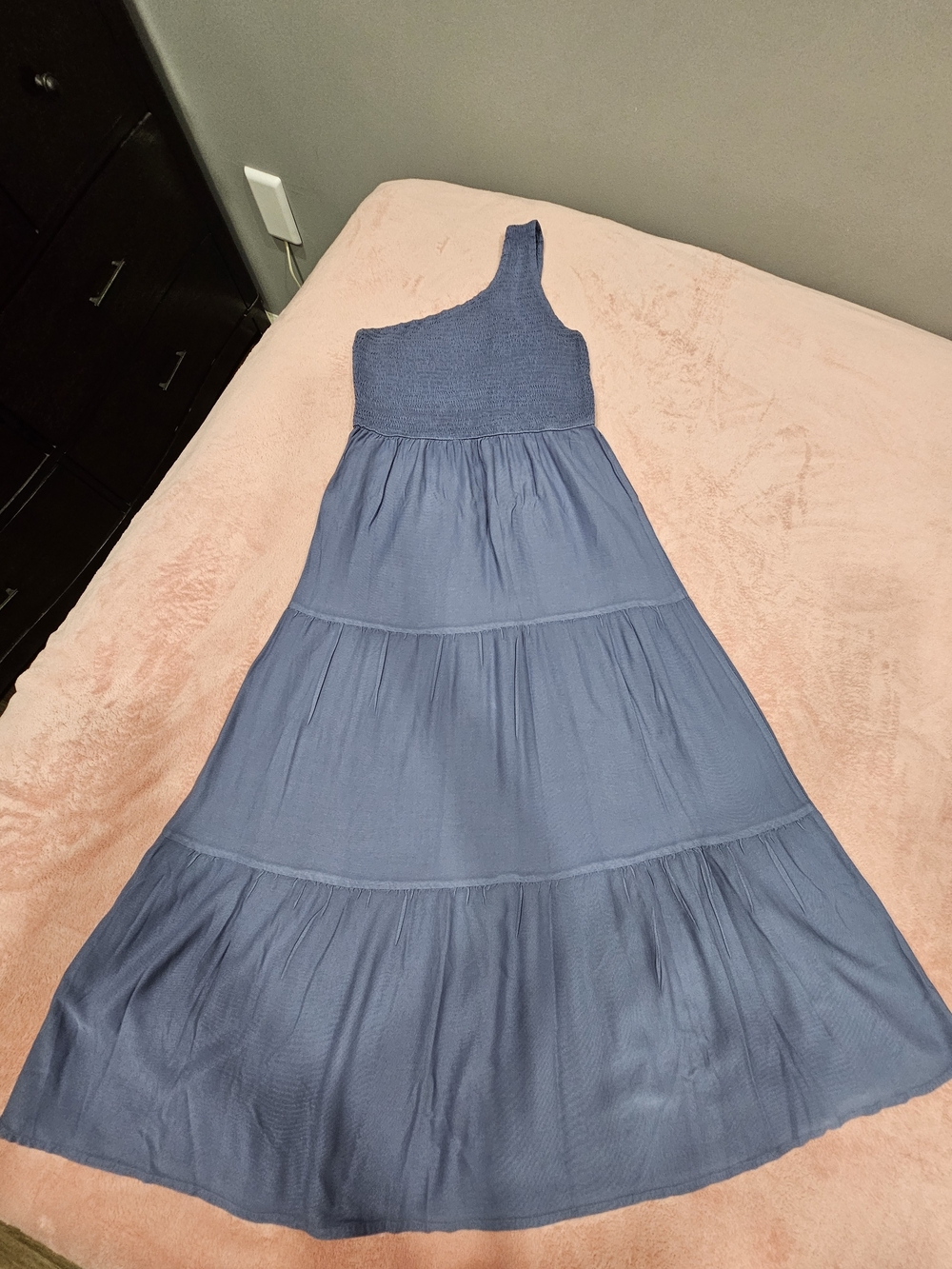 Asymmetrical One-Shoulder Tiered Maxi Dress in Dusty Blue
